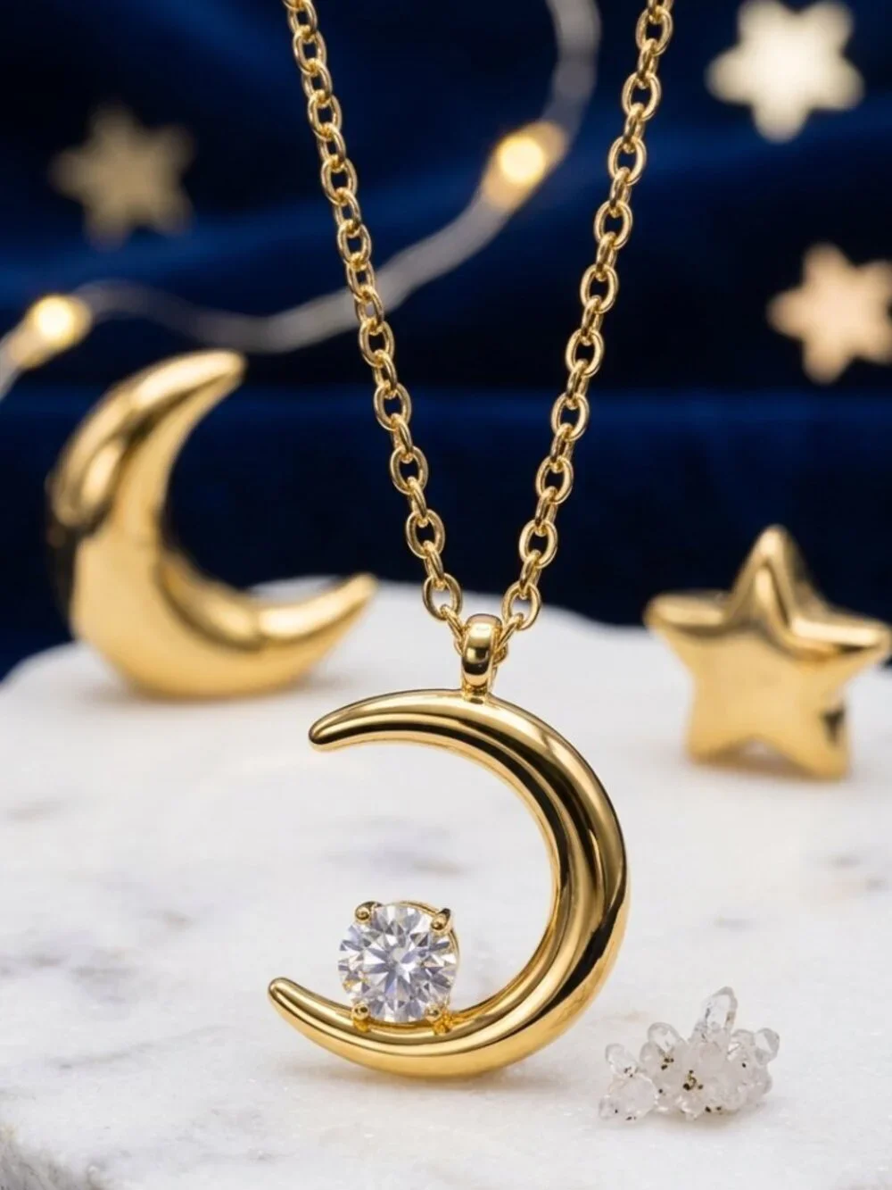 Gold Crescent Moon Necklace CZ Pendant Dainty Celestial Layering Adjustable 16